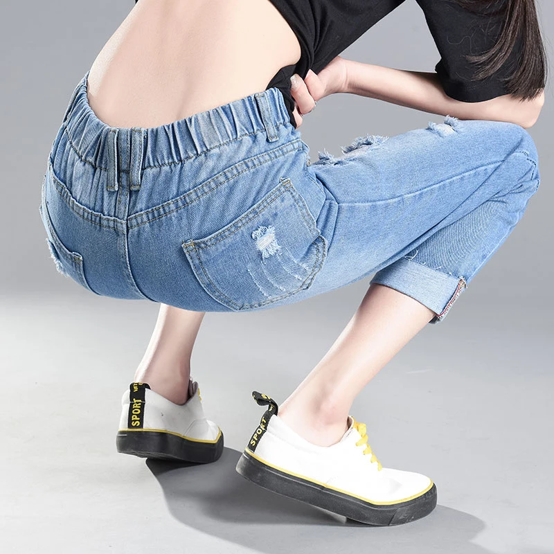 Orwindny джинсовые брюки женские весенне-летние большие размеры с высокой талией девять очков джинсы брюки толстые сестры свободные брюки