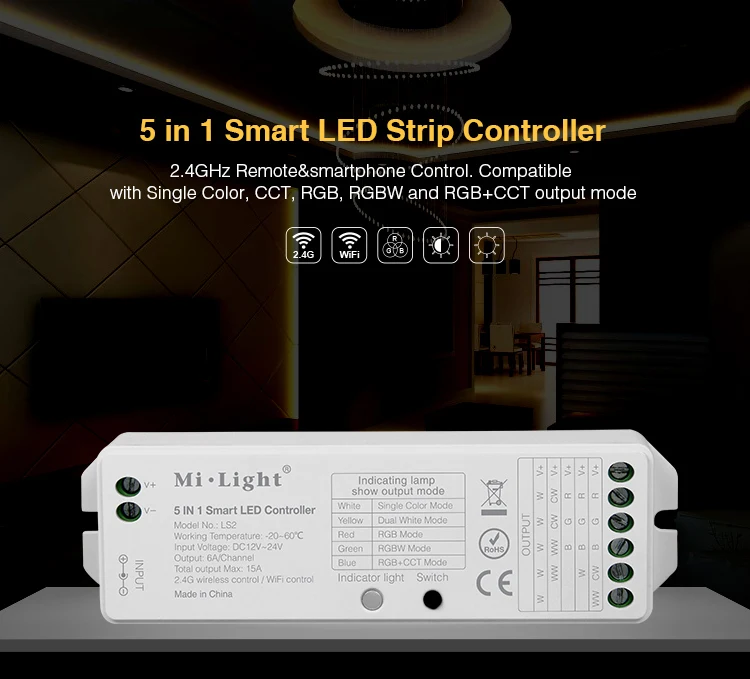 2.4 ГГц 5 в 1 Беспроводные Управление Mi. свет LS2 DC12V-24V 15A Smart LED Управление Лер для одного Цвет, ЧМТ, rgb, RGBW, RGB + CCT Светодиодные ленты