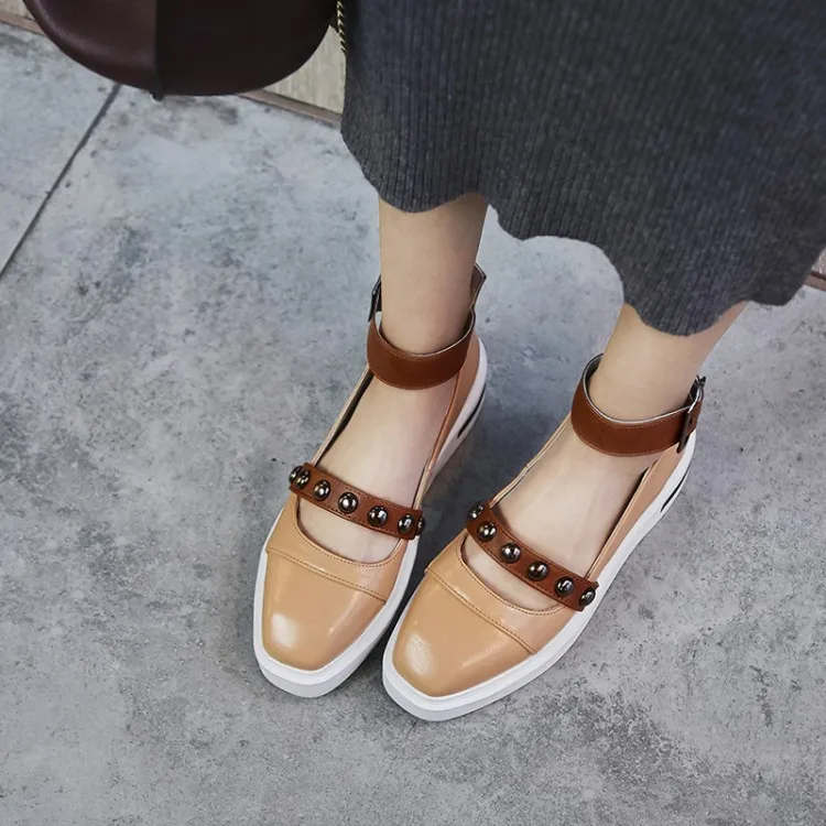 

2018 new square head Mary Jane shoes with flat rivet beaded ankle strap belt buckle women's shoes.