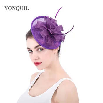 

Purple sinamay wedding fascinator hat women party dinner headpiece flower handmade headwear headband mesh feather chapeau cap