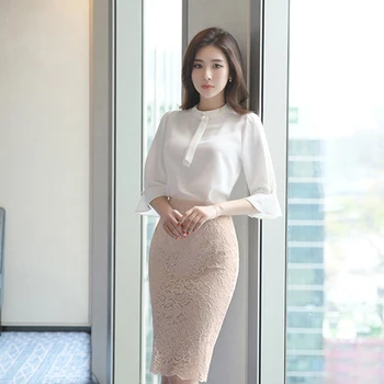 

New arrival temperament 2 pieces set white sweet chiffon shirt and slim lace pencil skirt fashion office high quality women set