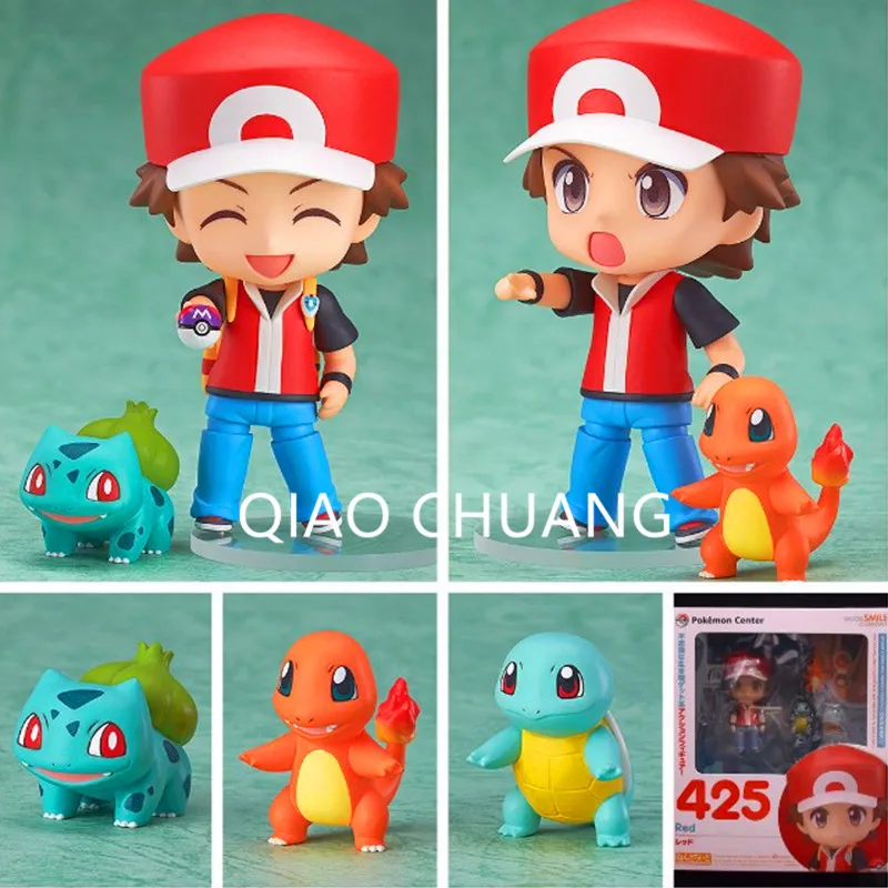 

4" Kawaii Nendoroid #425 Trainer Red Ash Ketchum Charizard Venusaur Blastoise Bulbasaur Anime Figure Model Kid Toy S334