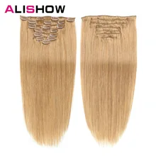Alishow человеческие волосы для наращивания на заколках, прямые волосы на всю голову, набор 7 шт. 100 г, волосы remy на заколках, человеческие волосы для наращивания