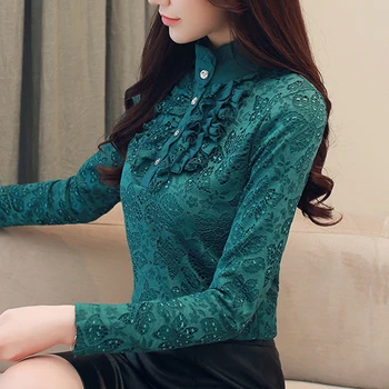 

Winter Women elegant Fashion elegant Formal Lace blouse Long Sleeve blouses Lace shirt tops camisa feminina office OL Lady