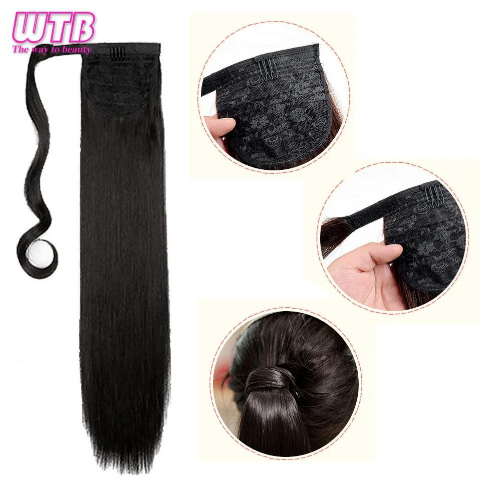 Reto em Torno do Grampo Rabo de Cavalo Extensões de Cabelo Feminino Sintético Polegada Longo Envoltório no Natural Preto Marrom Pônei Cauda Falso Cabelo Wtb 32 7 reto em torno do grampo no rabo