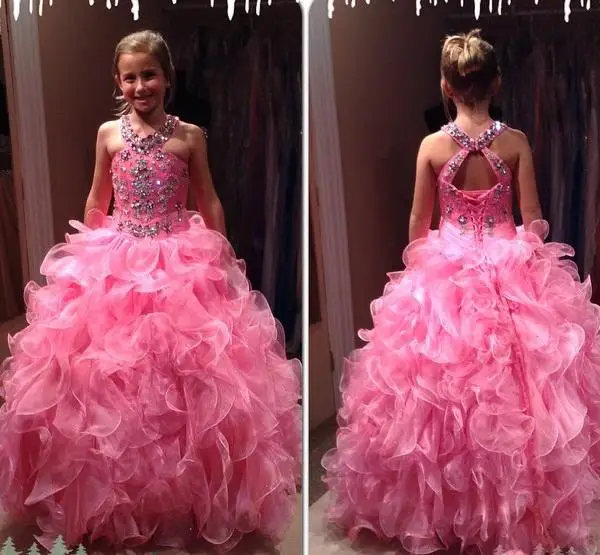 

New Arrival Custom Made Long Halter Crystal Beading Flower Girl Dresses 2016 Ball Gown Kids Gown For Wedding Party