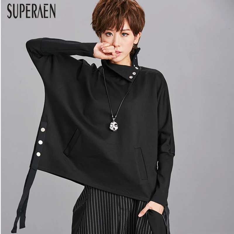 

SuperAen 2018 Autumn and Winter New Hoody Cotton Wild Women Sweatshirts Irregular Solid Color Turtleneck Bat Sleeve Sweatshirts