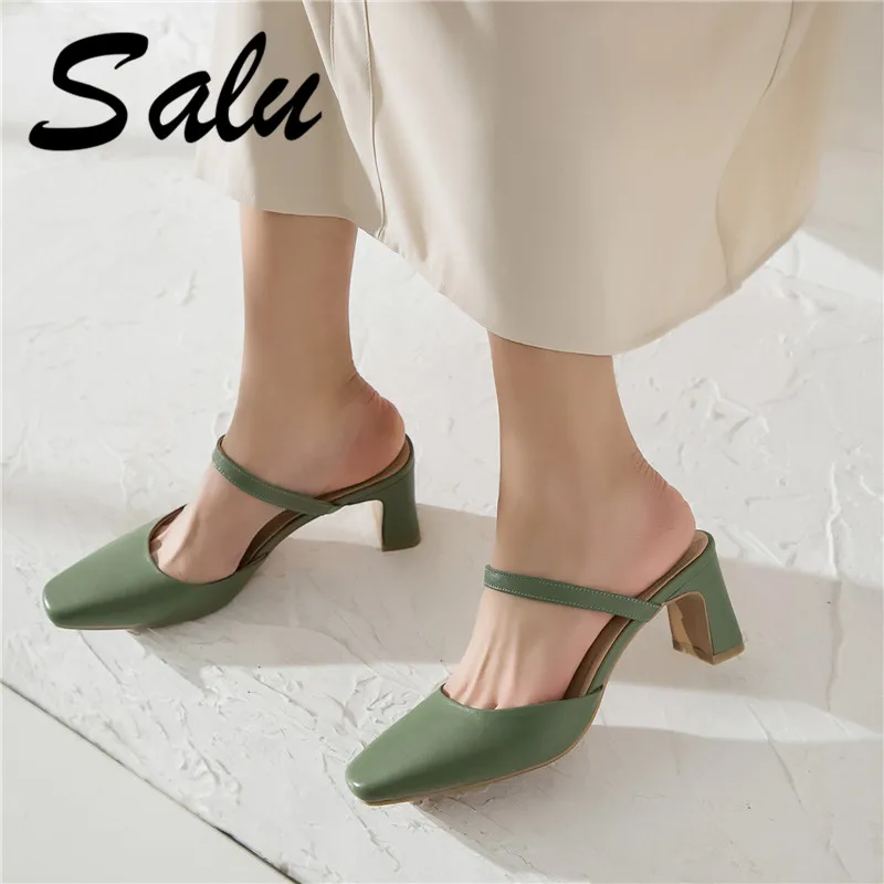 

Salu 2019 Fashion Women Genuine Leather Shoes Woman Square Heels Sandals Fashion Close Toe Summer Casual Sandals