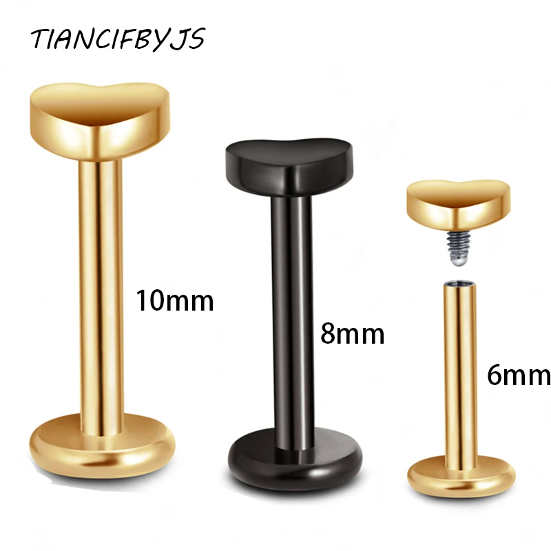 

TIANCIFBYJS Lip Piercing Wholesales 60pcs mix size Gold Black Heart Body Jewelry Labret Ring Tragus Earring Stud