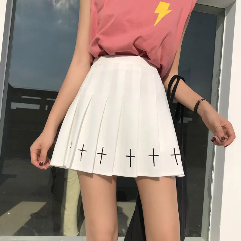

Black White Harajuku Gothic Cross Embroidery Pleated Mini Skirt skirts womens mini skirt plaid skirt kawaii japanese