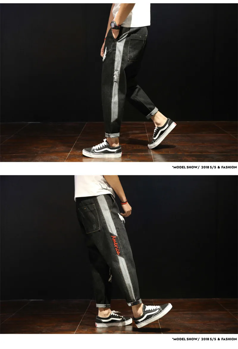 2018 New Loose Men's Harem Pants Jeans Fashion Loose Holes Ripped Washed Ankle-Length Jeans Denim Trousers BlueBlack 28-42 (17)