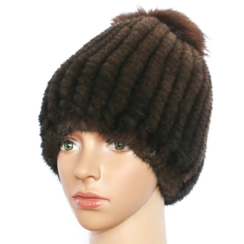 Зимние шапки для Дамская Мода норковая шляпа из натурального меха женские головные уборы из шерсти большого размера мяч вязаные Skullies шапки