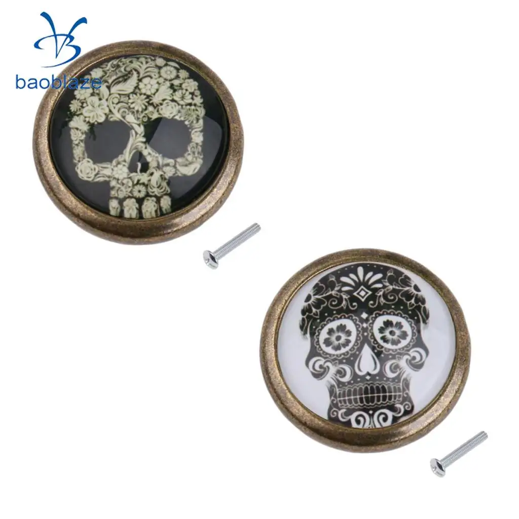 2 Pieces Skull Prints Antique Brass Cabinet Drawer Round Pulls Wardrobe Cabinet Door Cupboard Knob