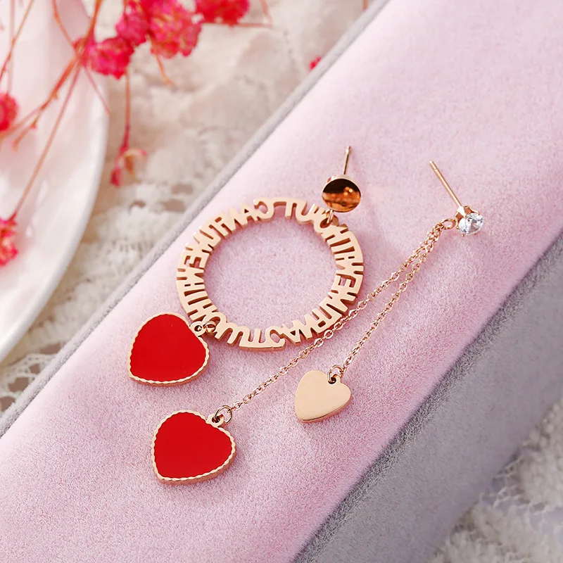 Серьги с красным сердцем цирконом и надписью Love модные ювелирные изделия