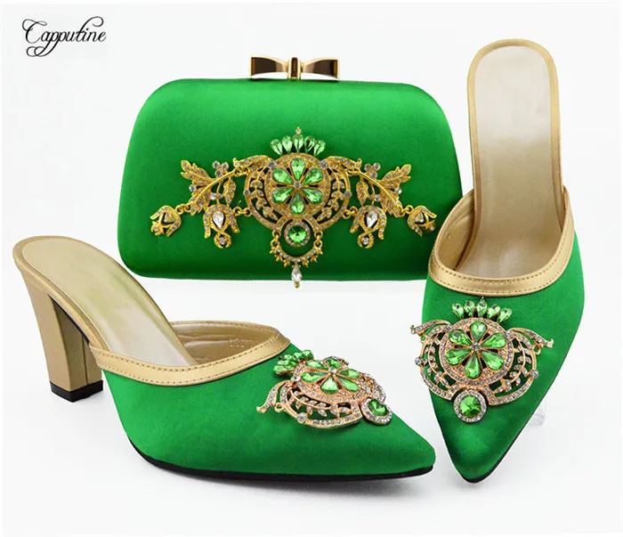 

Wonderful green pointed toe slipper shoes and evening bag set deocrated with shinning stones QSL009 heel height 9cm