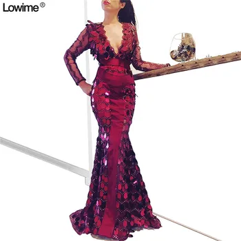 

Wine red Sequined Mermaid Evening Reflective Dresses Vintage Long Sleeves Abiye Gece Elbisesi Deep V-Neck Prom Dresses
