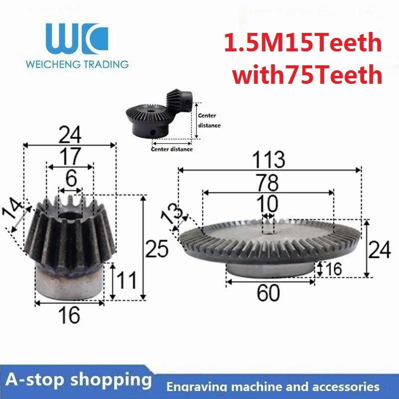 

2pcs 1:5 Bevel Gear 1.5 Modulus 15 Teeth hole 6mm +75teeth Inner Hole 10mm 90 Degree Drive Commutation Steel Gears