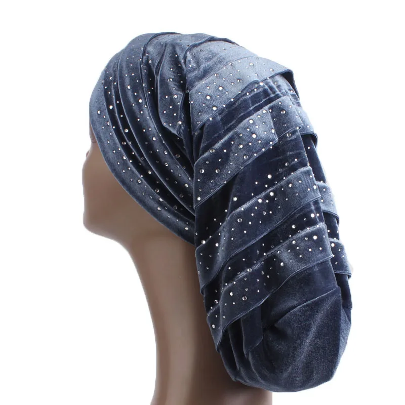 Новинка, бриллиантовый бархатный тюрбан с рюшами, дредлок, чепчик для сна, мешковатая шапка для выпадения волос, Женская повязка на голову, Slouch cap, головной убор, хиджабы