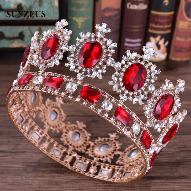 Золотые короны королевы с красными стразами кристалл бисером металлические свадебные диадемы Mariage Accessoire SQ0339