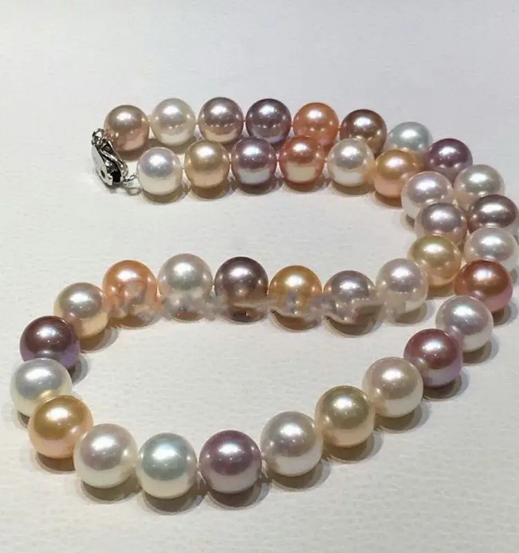 

AAAAA round 17"12-11mm REAL south sea pink purples multicolor pearl necklace 14K