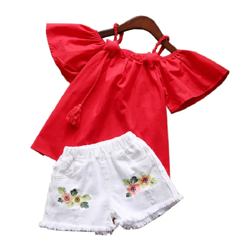 

Girls Fashion Clothing Sets Summer Baby Girls Clothes Kids Clothing Sets Off-Shoulder Top+ White Embroidery Shorts 2Pcs Suits