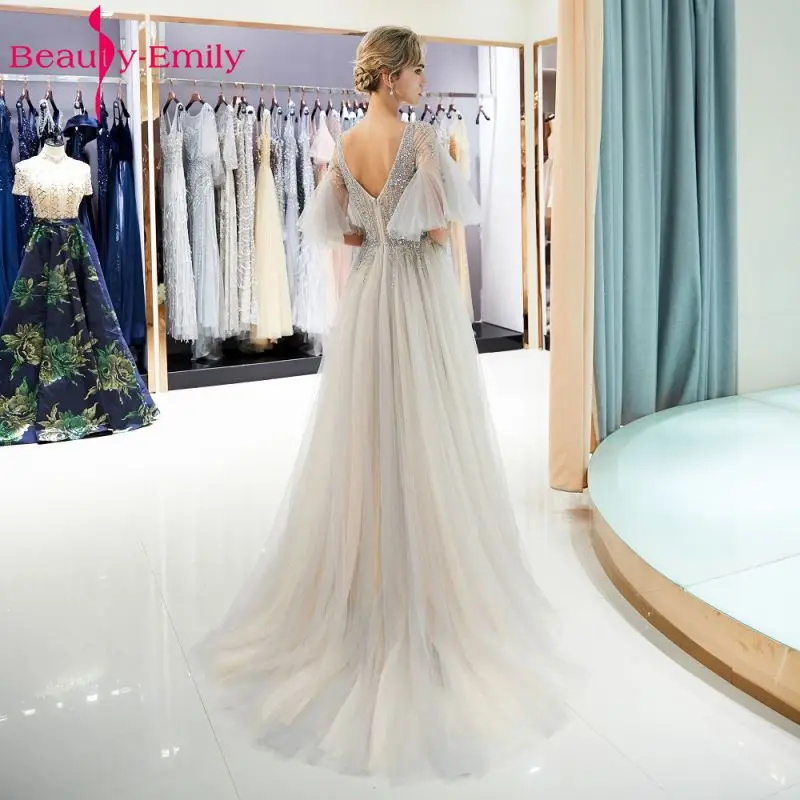 Beauty Emily Long Grey Beads Evening Dresses 2018 Short Sleeve Bodice Open Back Party Prom Dresses Elegant Vestido De Festa Beauty Emily Long Grey Beads Evening Dresses 2018 Short Sleeve Bodice Open Back Party Prom Dresses Elegant Vestido De Festa