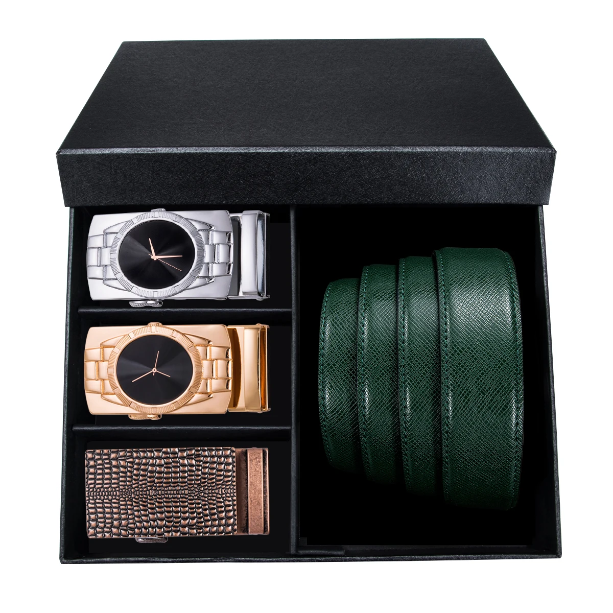 Barry.Wang Fashion Designers Men Belt 110-130cm Cowhide Leather Green Strap 3PCS Automatic Buckle Belt For Men Gift Box Set GB-4
