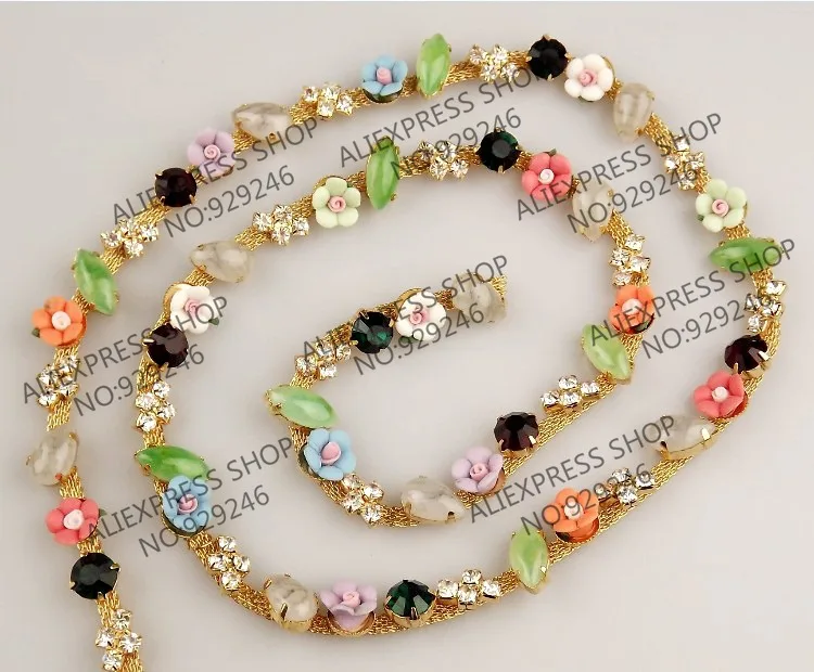 

free shipping 1 yard/pack colorful stone flower crystal chains in gold tone rhinestone trimmings for bridal headwear decoration