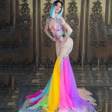 Новинка, стразы, платье, сценический костюм, цветное платье, длинный хвост, одежда для хоста, вечеринка, клуб, Rave Bar, DJ, певица, костюм DJ550