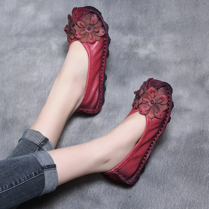 

Women Leather Moccasin Ommino Red Boat Shoes Flower Brand Spring Loafers Women Handmade Genuine Leather Flats 2019 Soft Bottom
