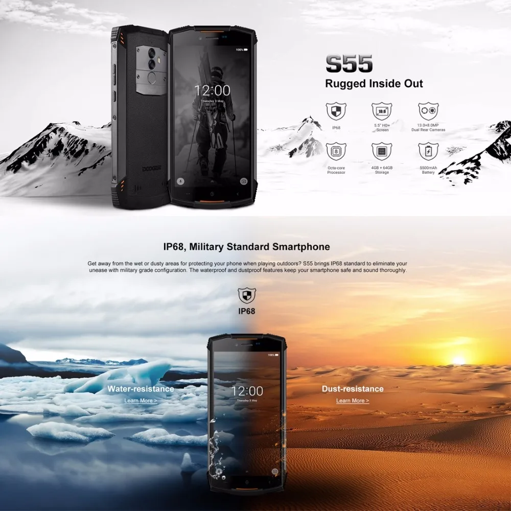 DOOGEE S55 Waterproof Smartphone 4GB RAM 64GB ROM 5500mAh MTK6750T Octa Core 5.5 inch Android 8.0 Dual SIM 13.0MP OTA 4G FDD-LTE