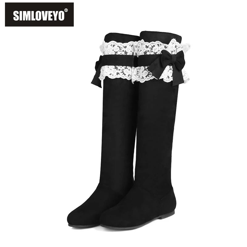 

SIMLOVEYO 2020 Winter Women stretch over the knee boots Round toe Flat Women boots woman botas Flock Slip-on Lace Black B729