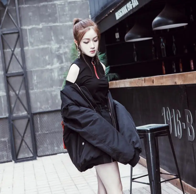 Black Open Shoulder High Collar Long-Sleeved Shirt Women Quarter Zipper Contrast Color Collar Tops Female  Chic Slim Streetwear4