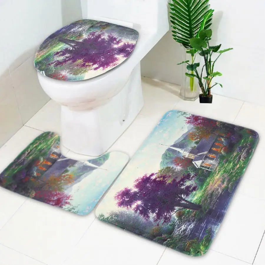 3pcs Flower Prints Pattern Bathroom Non-Slip Mats Shower Mats Set Toilet Mat U-shape Mat