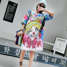 Европейский уличный бренд, Amoi, принт с героями мультфильмов, длинная свободная модная цветная женская футболка большого размера