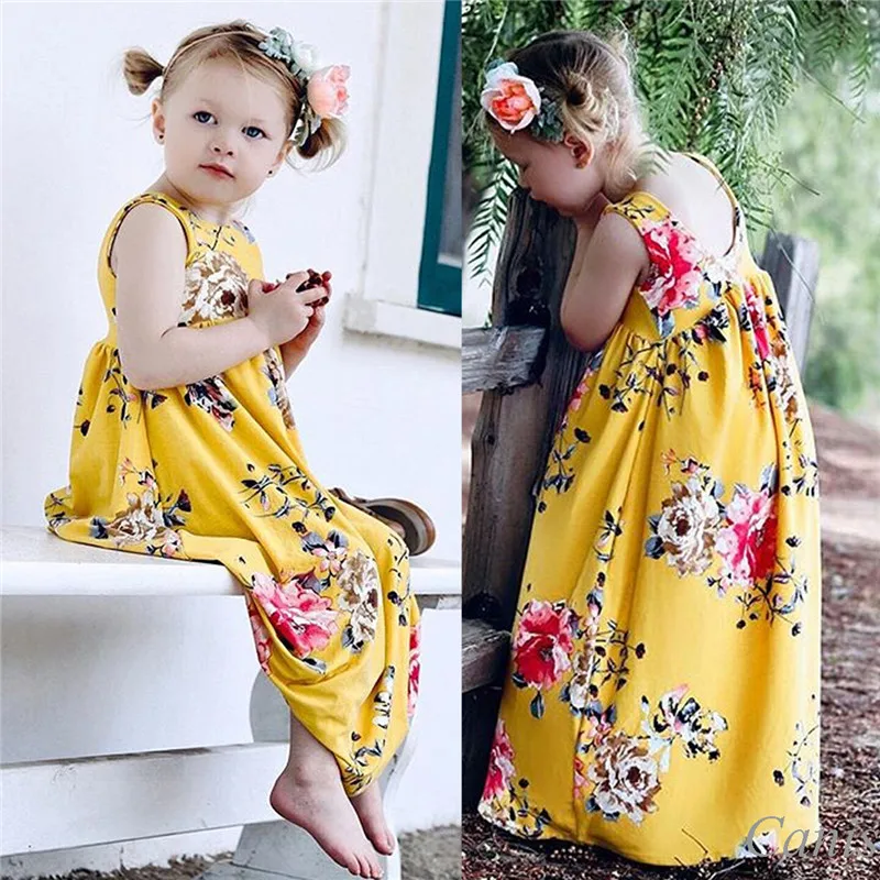 

2-7 Years Baby Girls Dress Summer Sleeveless Kids Dresses For Girls Yellow Floral Print Spaghetti Strap Dresses Girl Kid Clothes