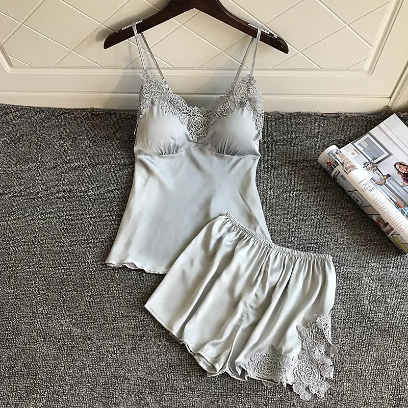 

RenYvtil 2018 New Lace Camisole Pajamas Chest Pads Woman Summer Rayon Sleepwear Sexy Satin Silk Shorts Two Paper Suit Nightgown