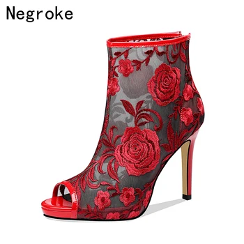

Brand 2019 Women Sandals Thin High Heels Gladiator Shoes Woman Sexy Embroidery Hollow Out Pumps Summer Boots Sandalia