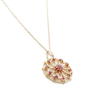 شراءلاساميرو قطع مستديرة 0.31CT الطبيعية روبي الأحجار الكريمة 18k ارتفع الذهب خمر النمط الروماني هالو لهجات قلادة سلسلة قلادة