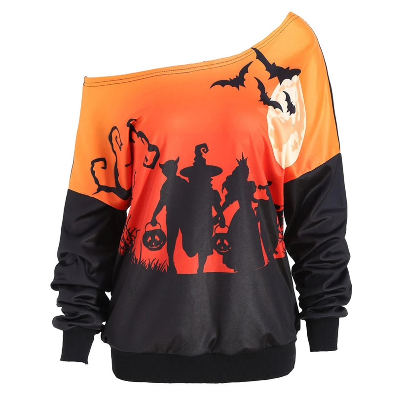 Women Skew Neck Halloween womens hoodies pullover holographic Pumpkin