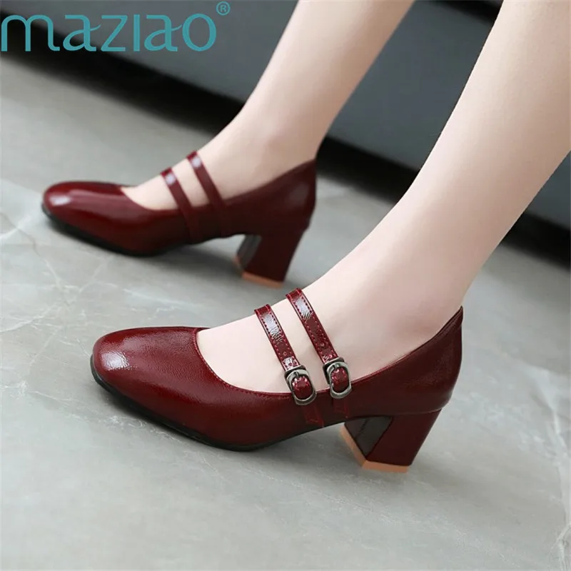 

Shoes Woman Square Head Pure Colour Belt Buckle Vintage Fashion Thick Heel Rubber Female Shoes Heels MAZIAO