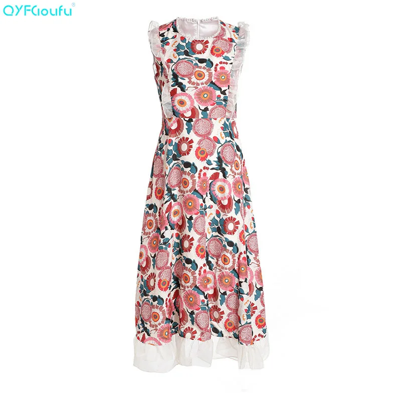 

QYFCIOUFU New Arrival 2019 Summer Women Midi Dress Sleeveless Ruffle Floral Printed Luxury Beading Elegant Party Runway Dresses
