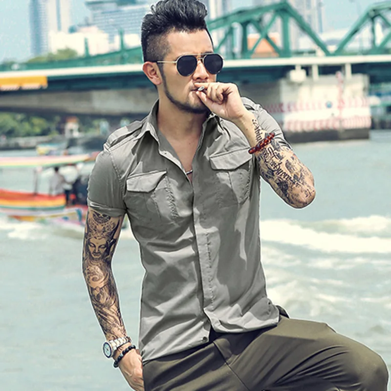 

Men Summer Casual Cotton Short Sleeve Shirt Men Slim Top Quality Solid Shirts Metrosexual Men Pockets Breathale Shirts New