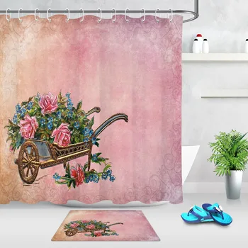 

LB Flowers Clustered In Golden Carts Bathroom Product Polyester Waterproof Fabric Shower Curtain Non-Slip Bath And Floor Mat