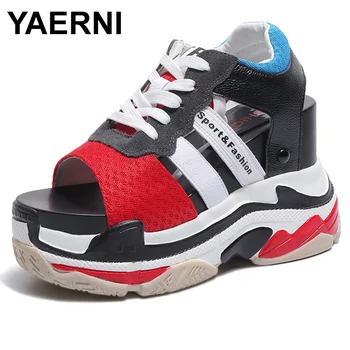 

YAERNI Summer New Women Sneaker Sandals Women Peep-toe Wedges Platform Shoes Woman Classic Lace Up Casual Sandals CreeperE995