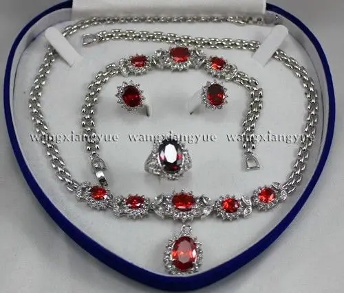 

Red Zircon Inlay Link Bracelet earrings Ring Necklace Set ^^^@^18K GP style Fine jewe Noble Natural jade FREE SHIPPING