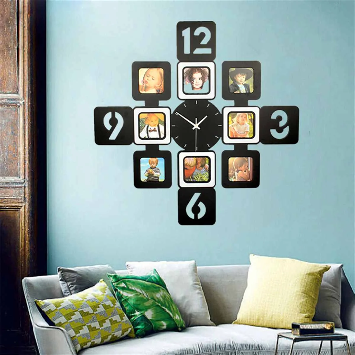 

Nordic Style 8 Photo Frames DIY Wall Clock Modern Design Mute Wall Clock Art Pictures Clock Living Room Bedroom Home Decor