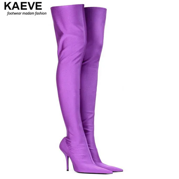 Top Purple Boots Ladies Knee High Gladiator Heels Women Combat Boots Stretch Long Bottes Sexy