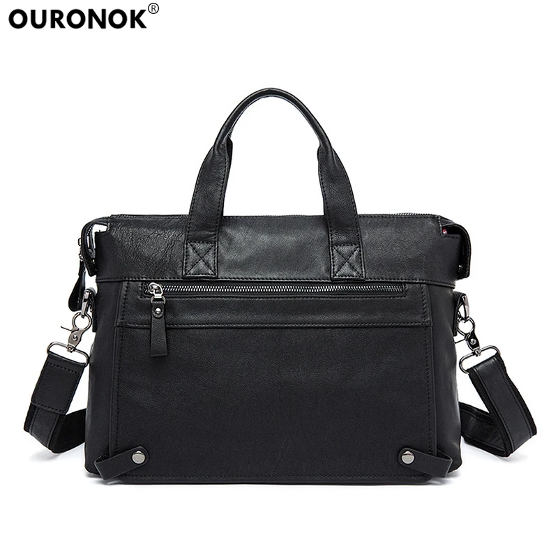 

OURONOK Genuine Leather Man Bag leisure Business Briefcase Head Layer cowhide Shoulder Men's Handbag Laptop Computer Zipper Bags