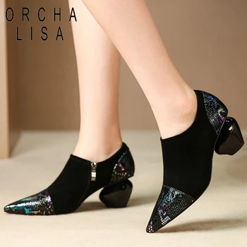 

ORCHA LISA New kid suade Pumps Strange style Heels black pointed toe zipper Shoes elegant Lady Party Heeled Shoes